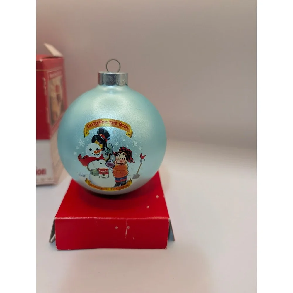 Campbells Soup 1998 Collectors Edition Glass Ornament Snowman Kids Blue Vintage